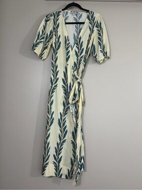 DIARRABLU - Wrap Midi Dress in Cream with Teal Leaf Print, sz S